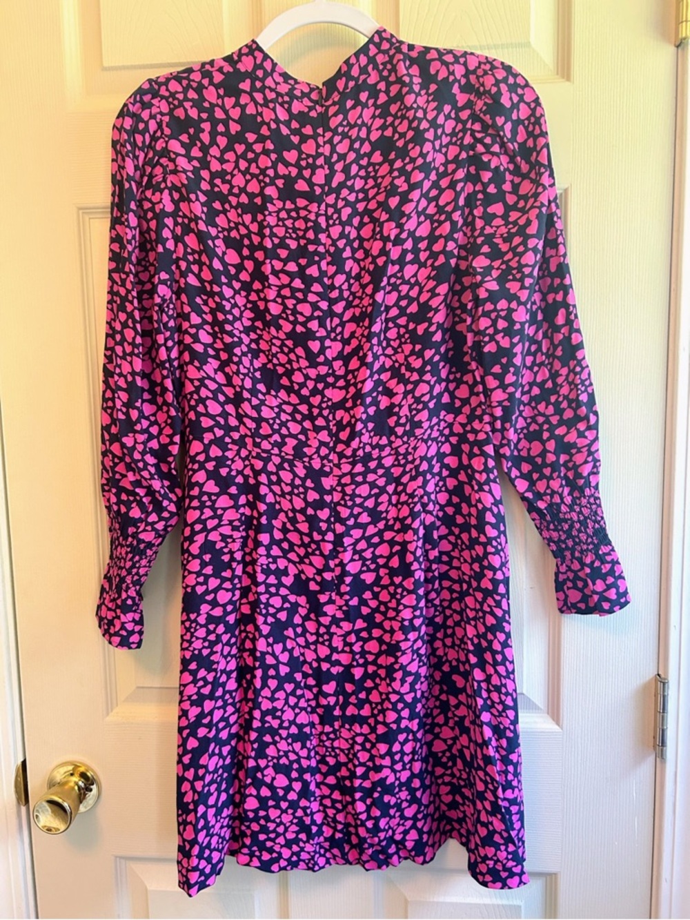 NWT LOFT Heart Smocked Ruffle Cuff Fit & Flare Dress Mock Neck Pink Blue Size 8P